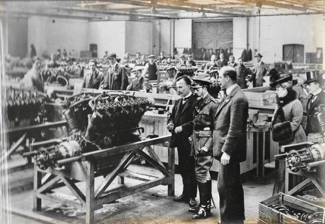Rolls Royce aero engines being serviced - visit by King George V